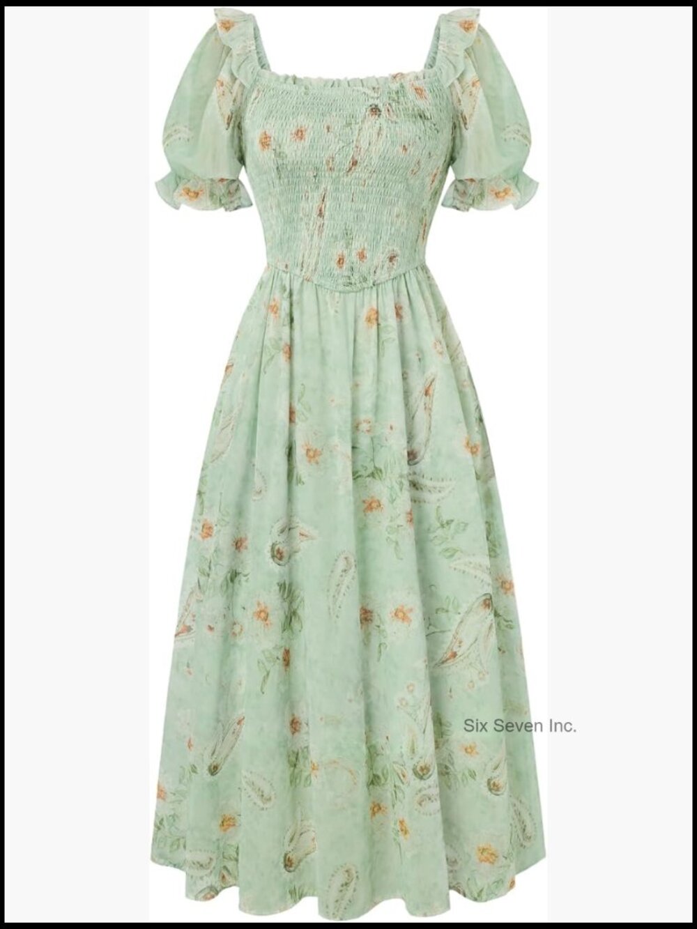 Floral Puff Sleeve Square Neck A-Line Midi Dress Smocked Bodice Pockets Chiffon